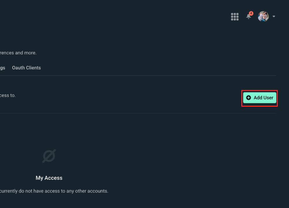 Add User within Shared Access settings in Dashboard